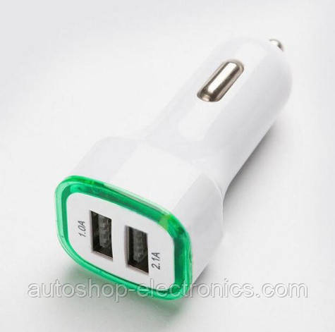 Адаптер живлення для автомобіля з двома портами USB і зеленим підсвічуванням