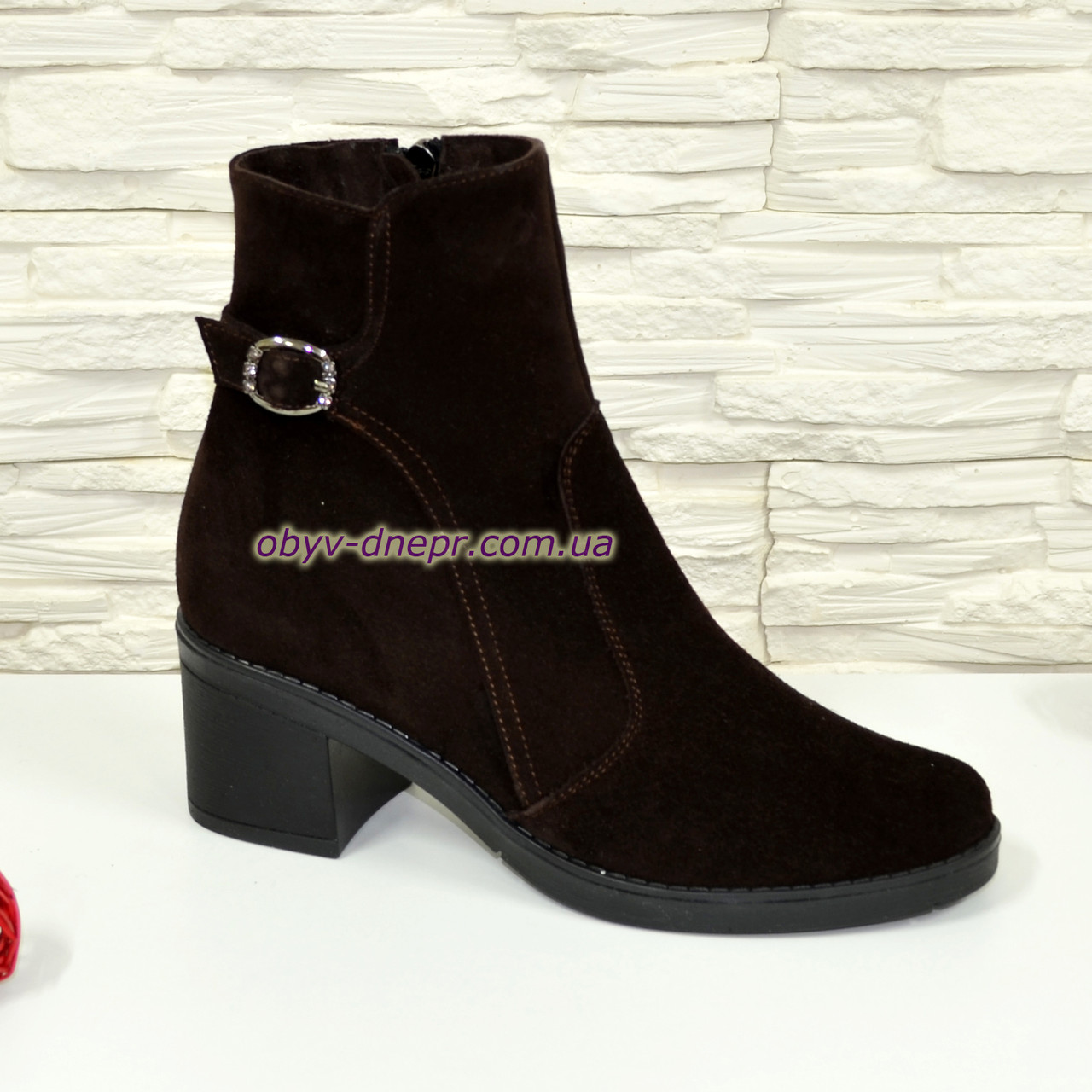 Черевики коричневі жіночі замшеві на стійкому каблуці, фото 1