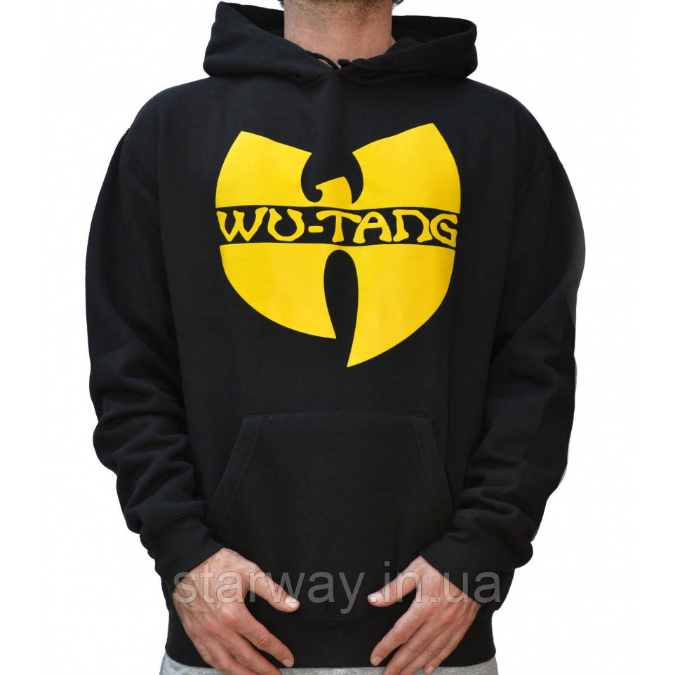 Худі з жовтим принтом wu tang clan | стильна чорна толстовка