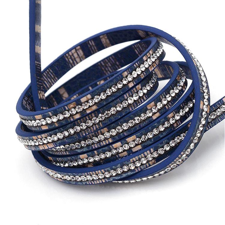 Шнур Штучна Шкіра зі стразами, Темно-синій, 6.5x3.5мм, близько 1.2м/шт, фото 1