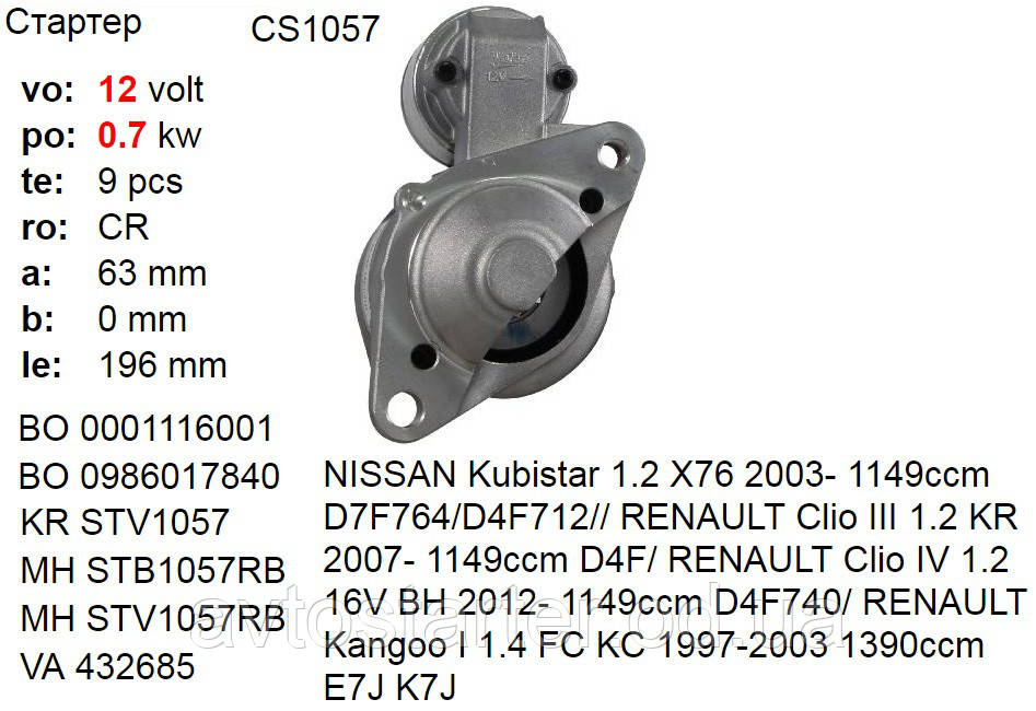 Стартер б/у NISSAN Kubistar RENAULT Clio Kangoo Modus Thalia Twingo 1.0 1.2 1.4, фото 1