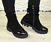 Черевики жіночі на тракторній підошві, натуральна чорна замша і лак, фото 7