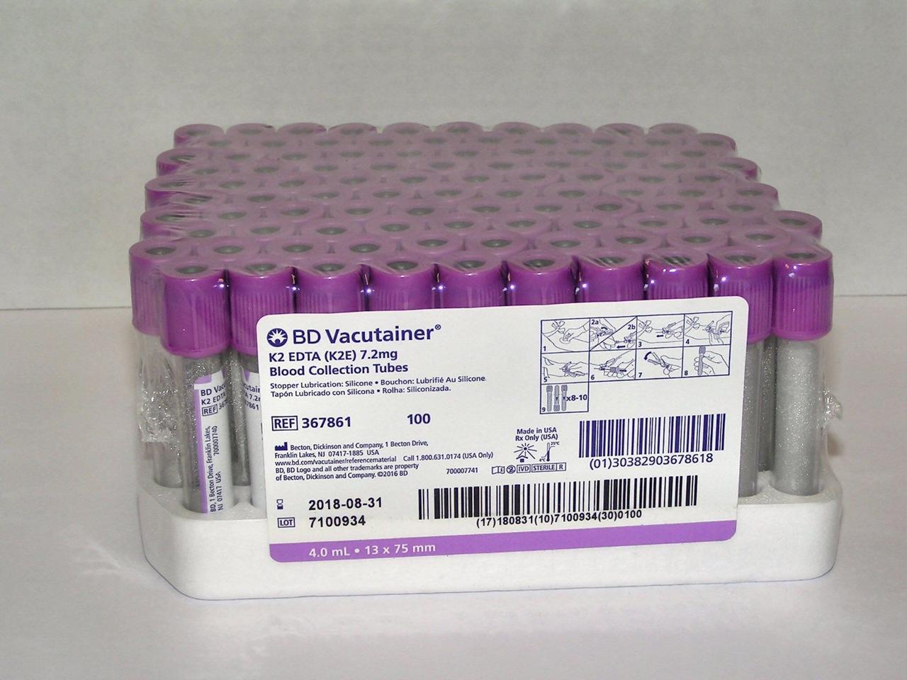 Пробирки BD Vacutainer K2 ЭДTA с сиреневой крышкой 3мл, 13х75мм, упаковка 100 шт. - фото 2 - id-p240703955