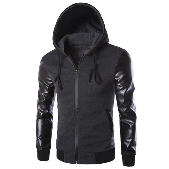 Толстовка мужская теплая с кожаными рукавами черного цвета S, L размер - фото 1 - id-p638039090