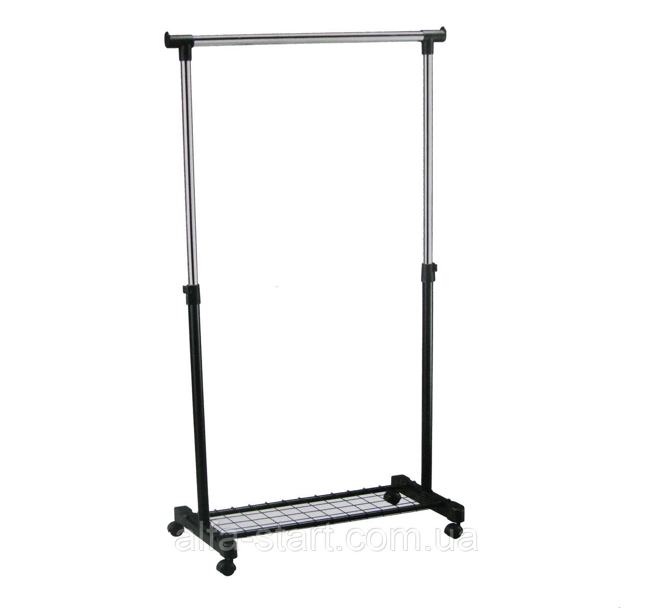 Одинарне пряме вішало-стійка для одягу з нижньою полицею на колесах