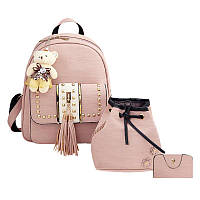 Рюкзак городской для девочек, девушек с заклепками и кисточками, набор 3 в 1 (розовый)