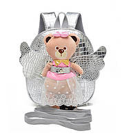 Рюкзак детский с игрушкой медвежонком для девочки (серебристый)