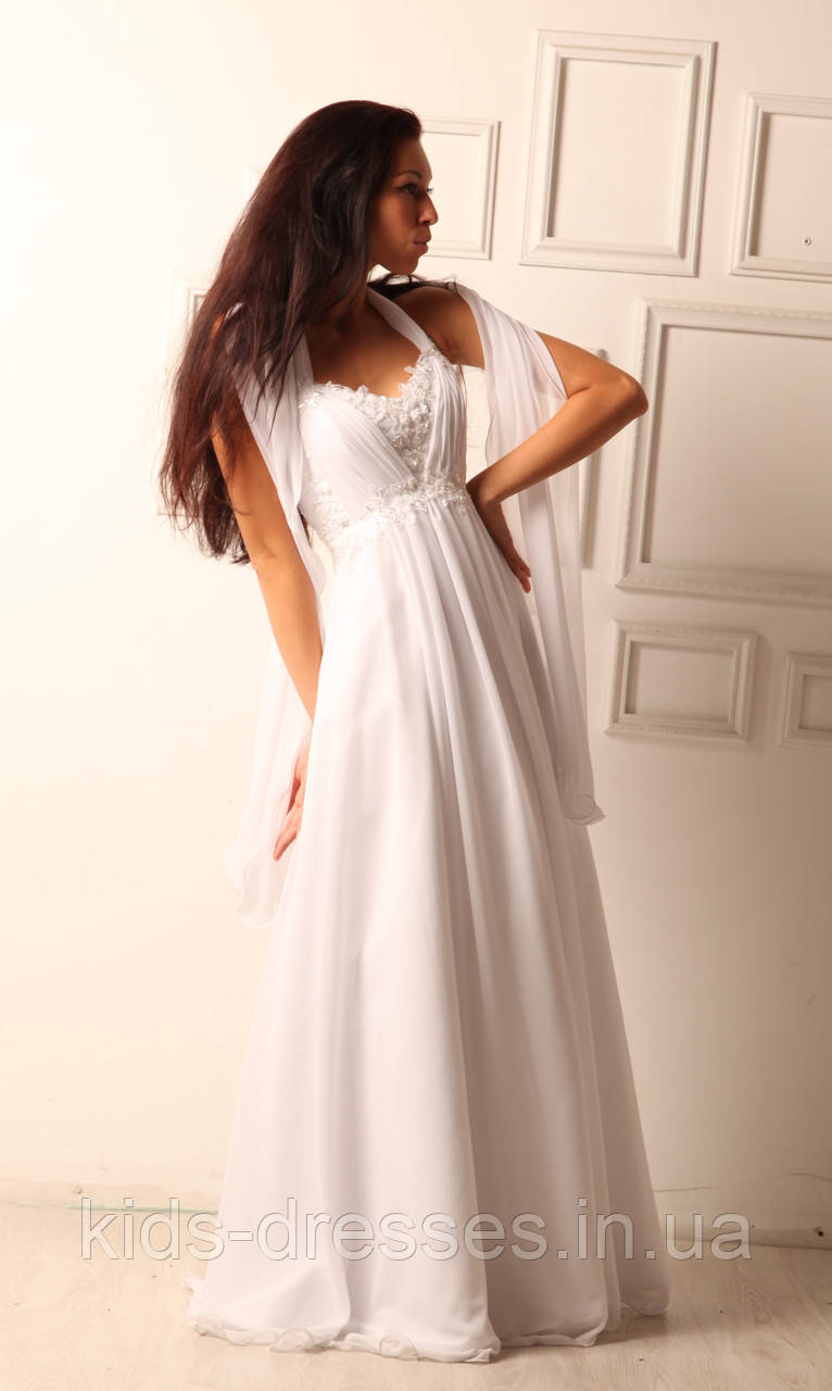 Повітряна біла весільна сукня в грецькому стилі, А-силует, розмір 48