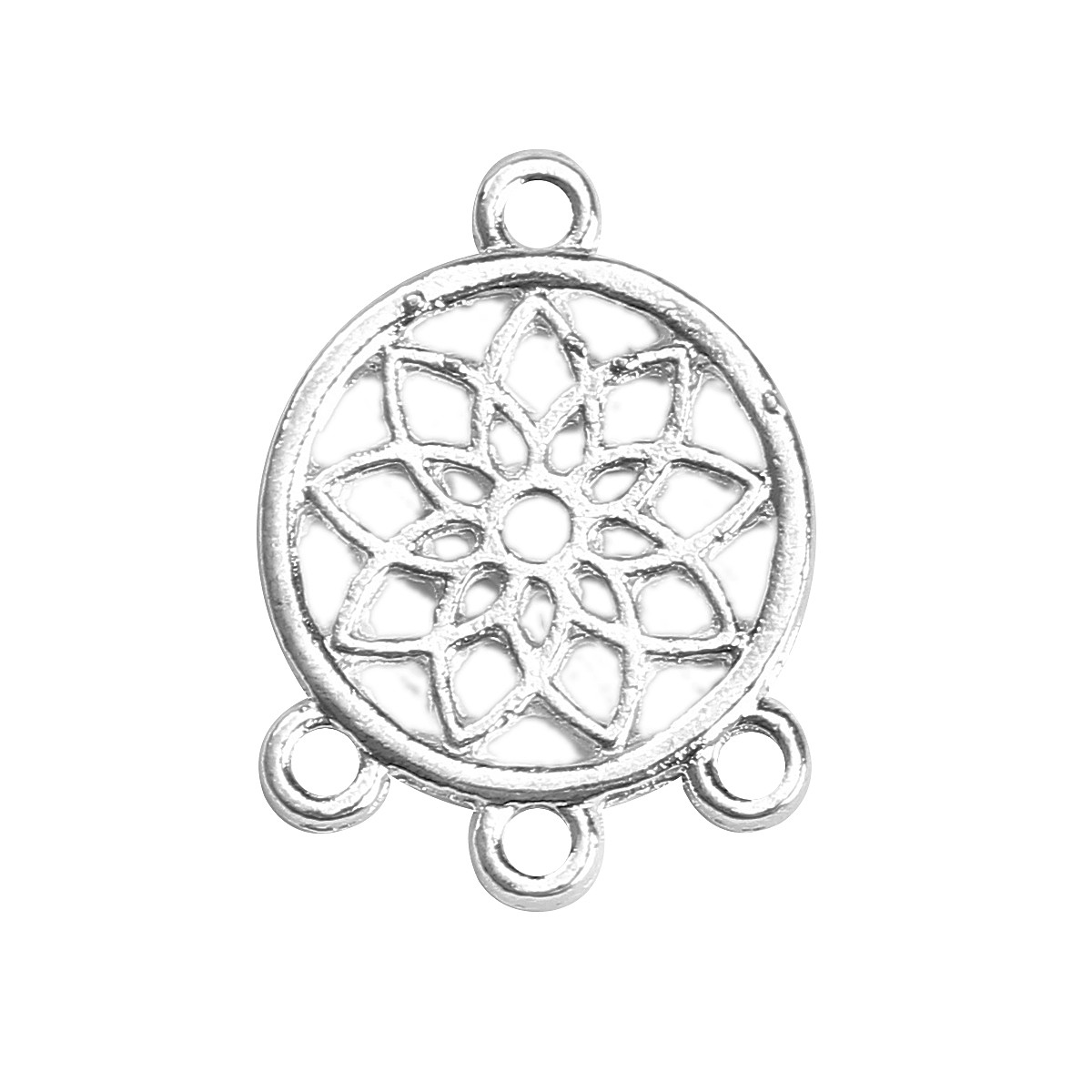 Конектор Квітка лотоса, Срібло, Кругла, Чотири отвори, З'єднувач, Ажурна різьба 19 мм x 14 мм