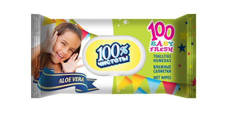 Волога серветка освіжаюча 100шт"100% "Алое з клапаном (1 пач.)