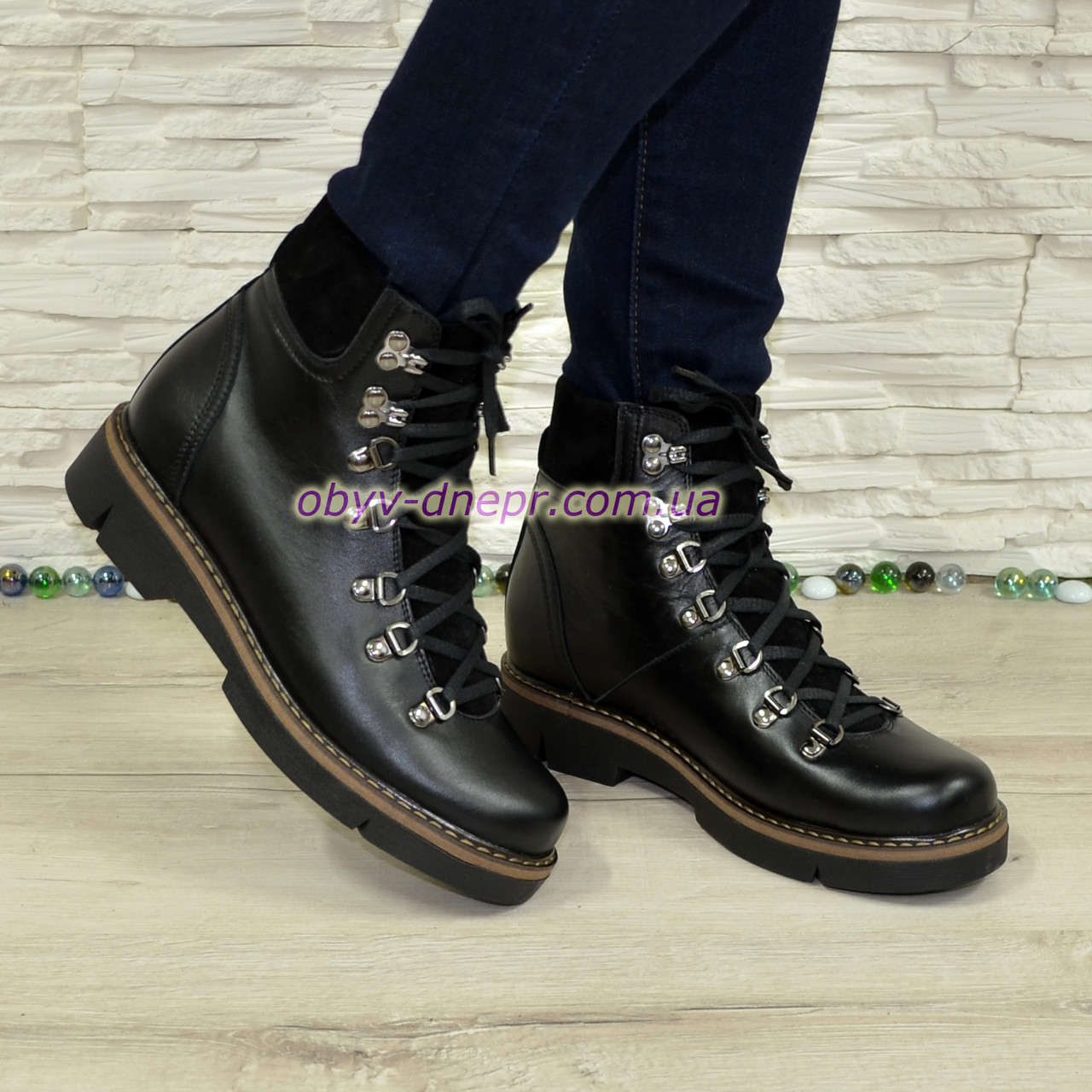 Черевики жіночі на товстій підошві, натуральна шкіра і замша, фото 1