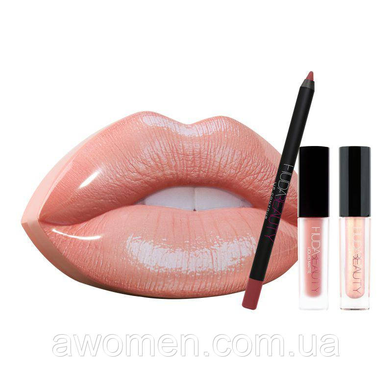 Уценка! Набір рідких помад HUDA BEAUTY Contour and Strobe Lip Set — BOMBSHELL&RITZY (м'ятна коробка)