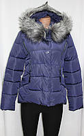 Курточка жіноча зимова коротка, синя, холлофайбер, з капюшоном