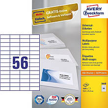 Етикетка, що змоколюється універсальна Avery, 56 на аркуші, 52,50 x 21,20 мм, біла