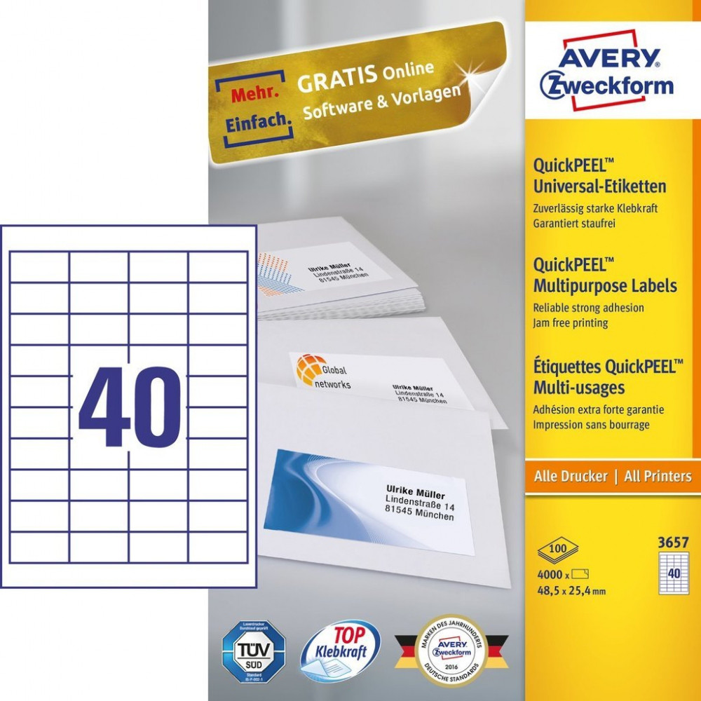 Етикетка, що змоколюється універсальна Avery, 40 на аркуші, 48,50 x 25,40 мм, біла, фото 1
