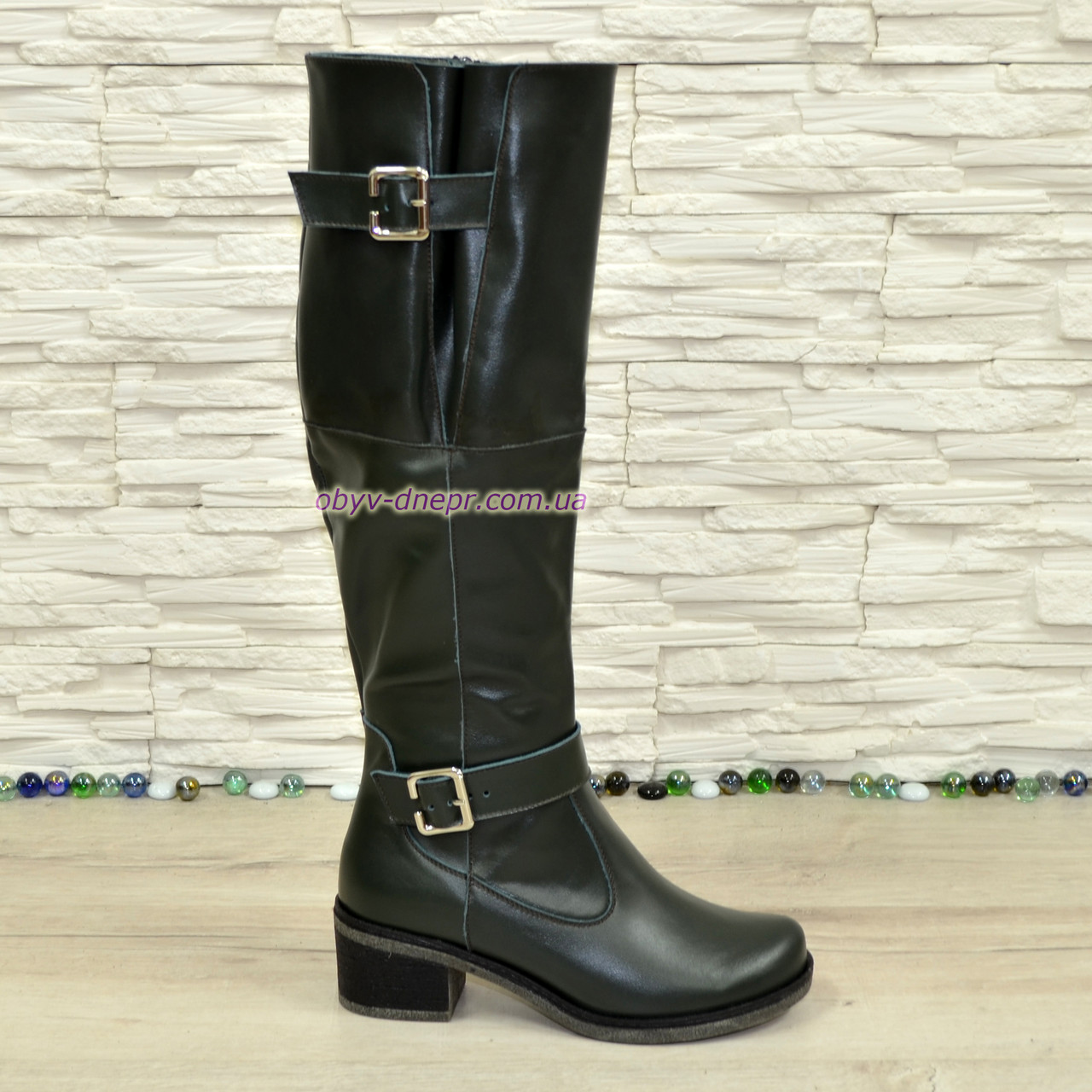 Чоботи жіночі шкіряні зеленого кольору, фото 1