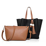 Жіноча сумка з китичками велика коричнева + клатч з екошкіри опт, фото 3