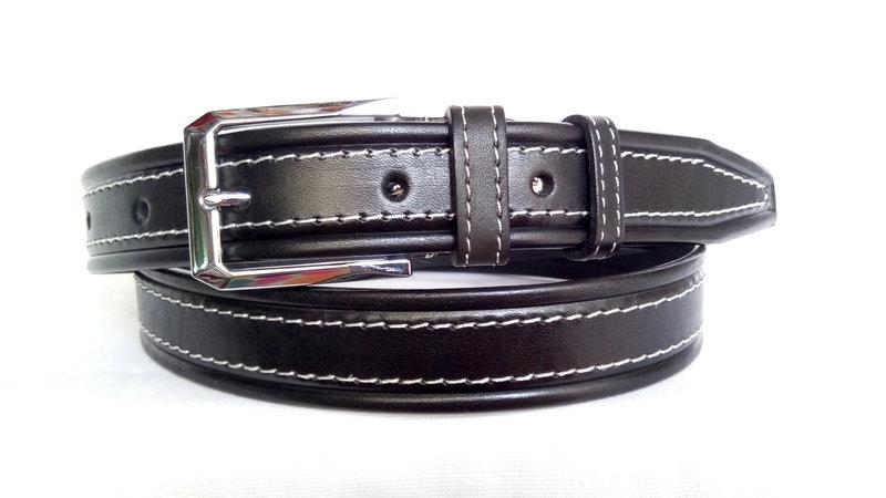 Стильний шкіряний ремінь 35 мм чорний прошитий  білою  ниткою