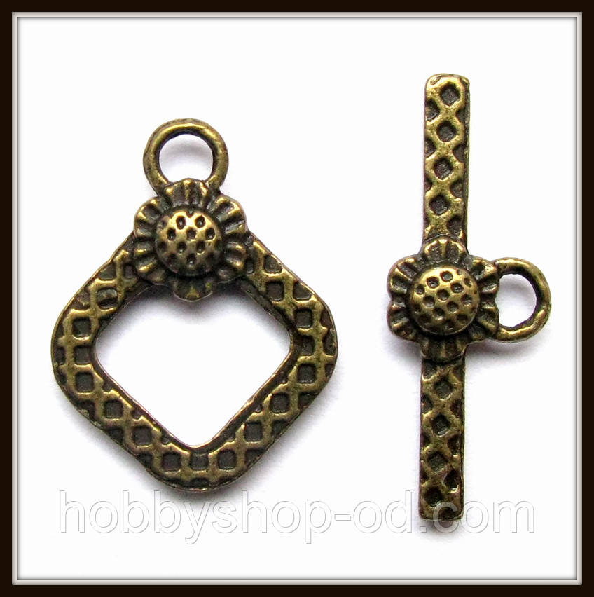 Замок тогл "квадрат із квіткою" бронза (2х1,5; h 2,4 см) 8 шт. в уп, фото 1
