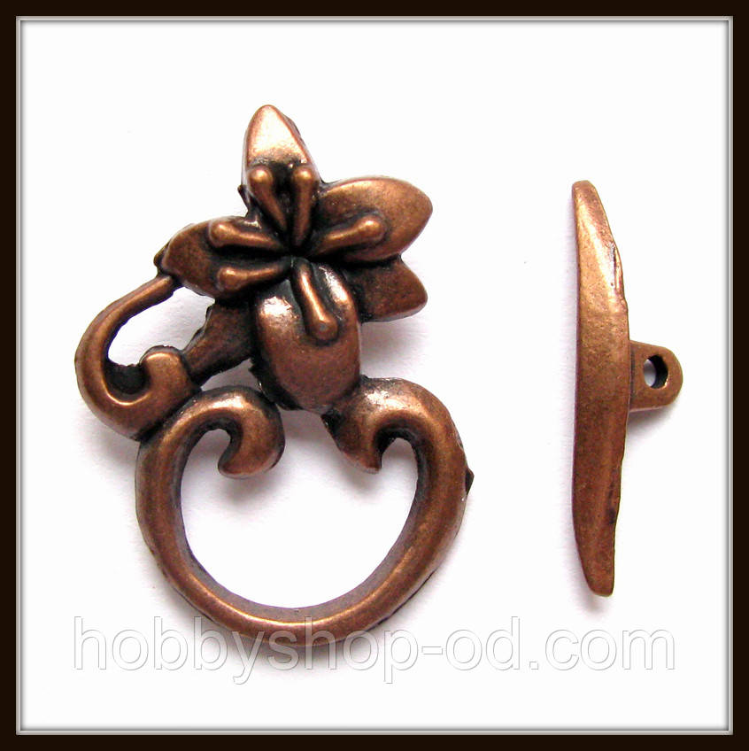 Замок тогл "квітка" мідь (2,4х1,7; h 1,9 см) 3 шт. в уп, фото 1