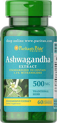 Антистрес — Ашваганда, Puritan's Pride Ashwagandha Standardized Extract 500 mg 60 Capsules, фото 1