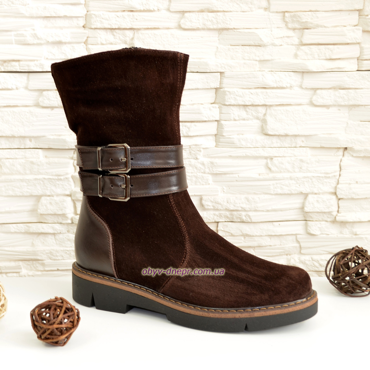 Замшеві черевики коричневі жіночі на товстій підошві, фото 1