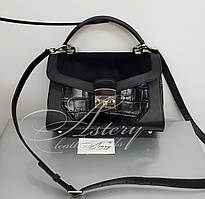 Жіноча чорна шкіряна класична сумка NORA з оздобленням з хутра поні