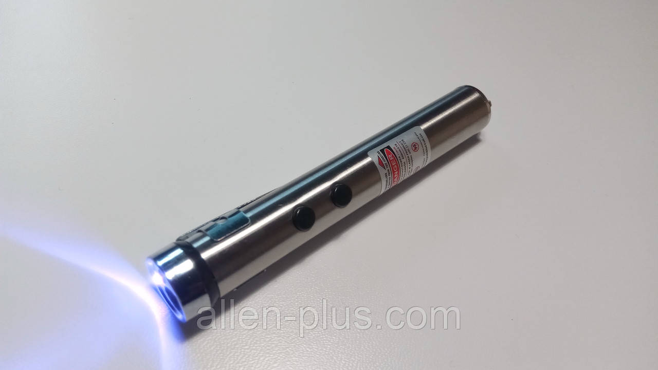 Лазерная указка с фонариком и ультрафиолетовым свечением 1611 (металл, 1хАА, скоба, линзы) - фото 2 - id-p641495196