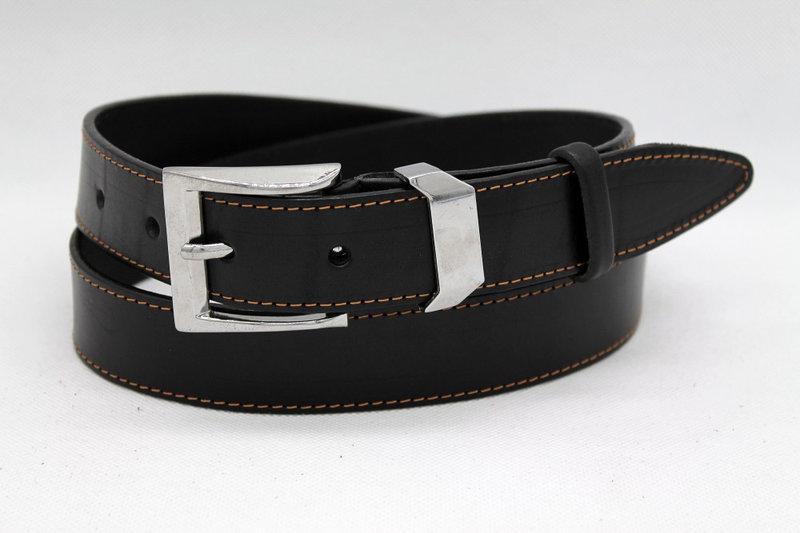 Стильний шкіряний ремінь 35 мм чорний прошитий  коричневою  ниткою