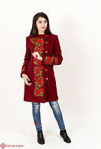 Бордове пальто з кашеміру з вишитими трояндами хрестиком
