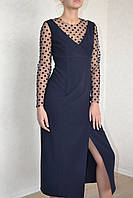 Платье длинное на запах с разрезом нарядное  с рукавом сетка 237  темно-синий