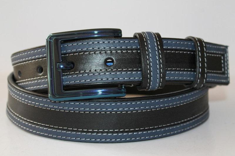 Стильний шкіряний ремінь 40 мм  класичний чорний  з  синіми  вставками 