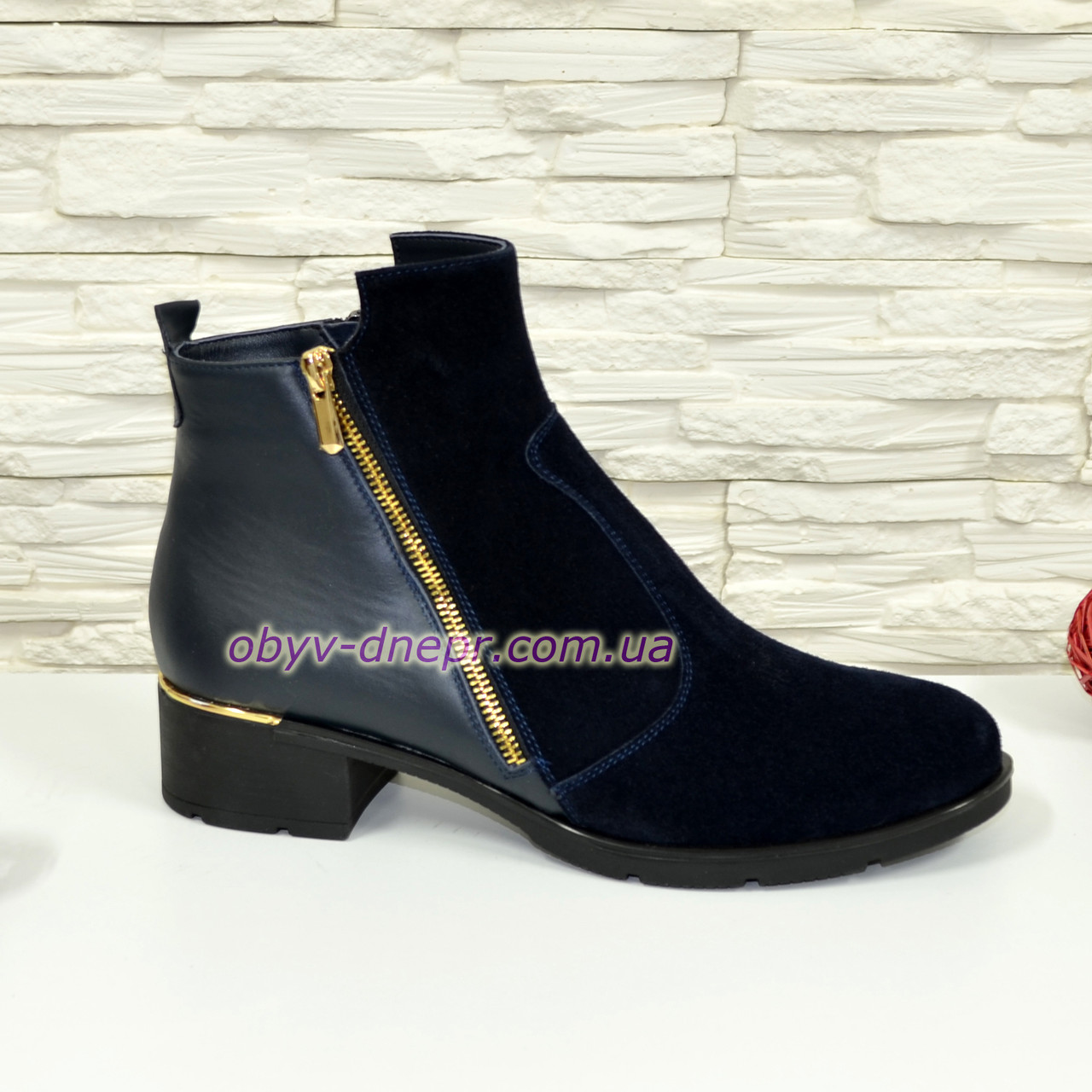Сині жіночі черевики на невисоких підборах, натуральна замша та шкіра, фото 1