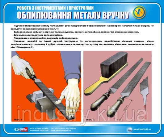 Стенд. Робота з інструментами і пристроями. Обпилювання металу вручну. 0,6х0,5. Пластик