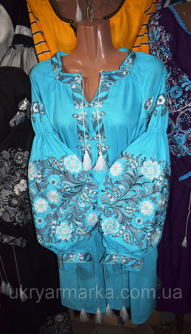 Вишите плаття блакитно-бірюзового кольору "Хмарина"