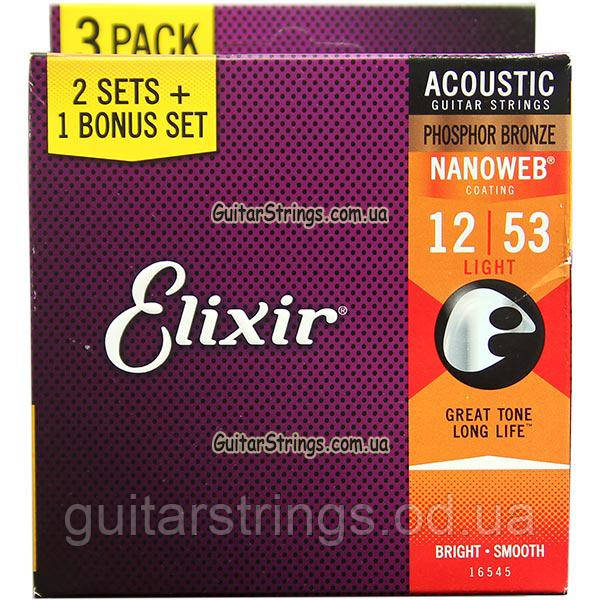 Струны Elixir 16545 Nanoweb Phosphor Bronze Light 12-53 3 sets