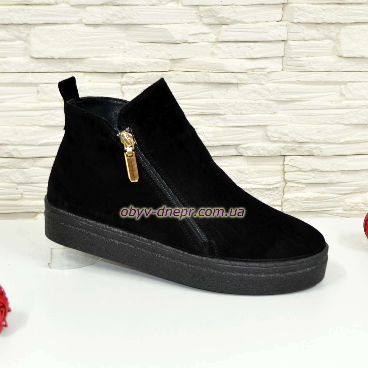 Черевики жіночі на товстій підошві, натуральна чорна замша, фото 1
