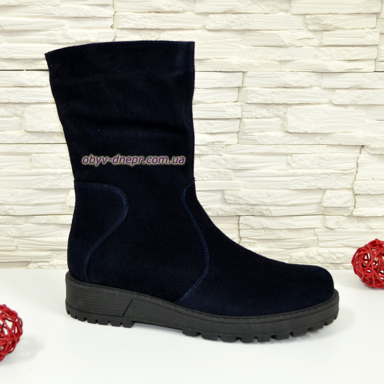 Жіночі сині замшеві черевики на товстій підошві, фото 1