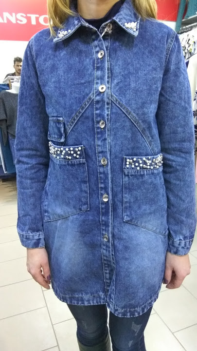 Кардиган жіночий джинсовий гудзики кишені з перлами блакитний, фото 1