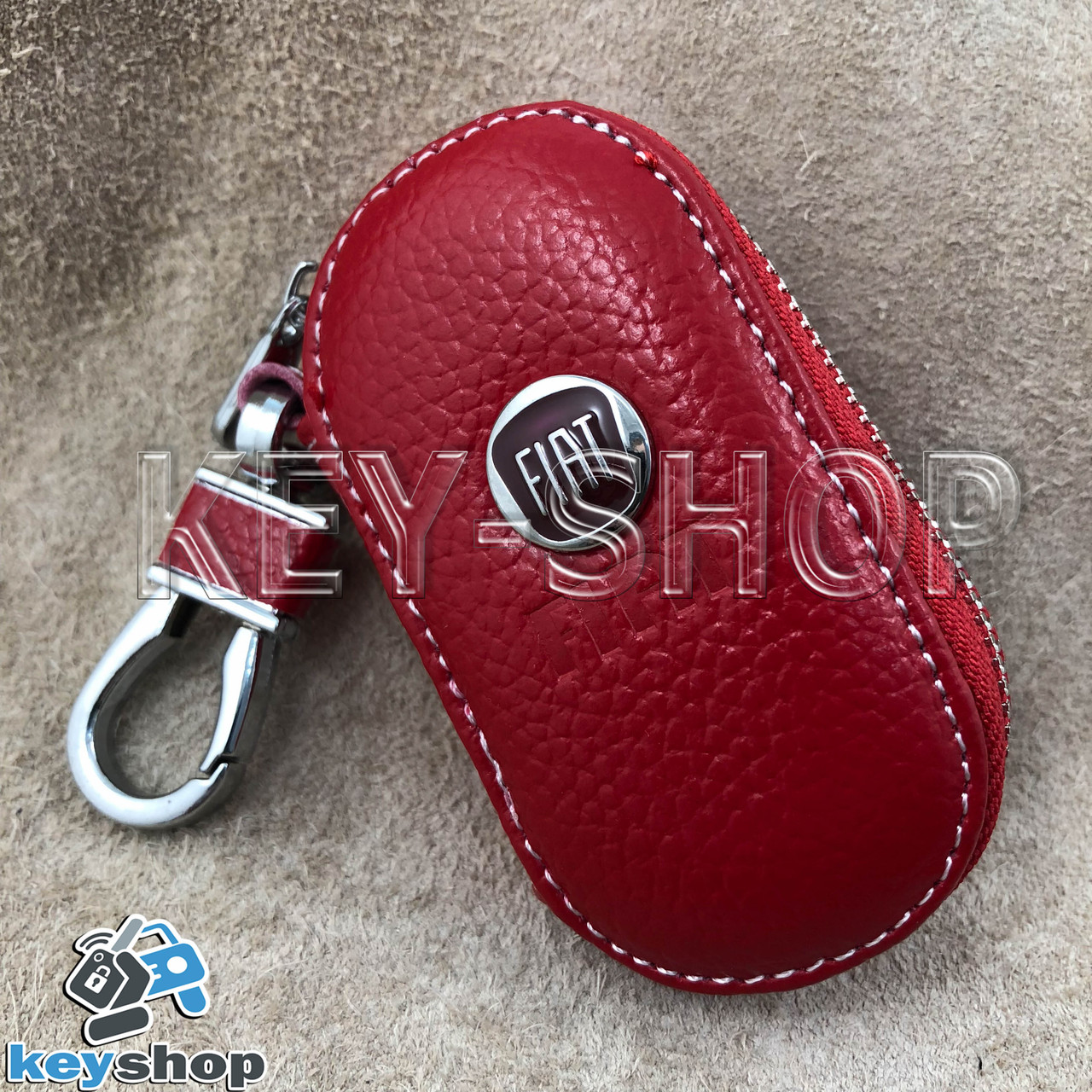 Ключниця кишенькова (шкіряна, червона, на блискавці, з карабіном, кільцем), логотип авто Fiat (Фіат)