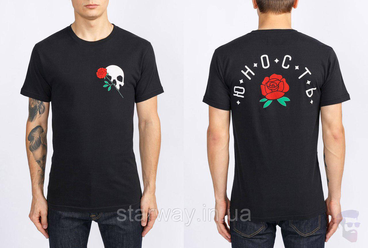 Чорна футболка з принтом юность троянди, фото 1