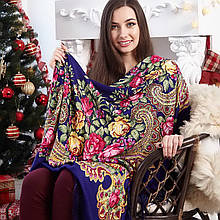 Велика синя хустка з квітами для дівчат (135х135см, синя, 80%-вовна)