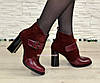 Черевики бордові жіночі на стійкому каблуці, натуральна шкіра і замша, фото 2