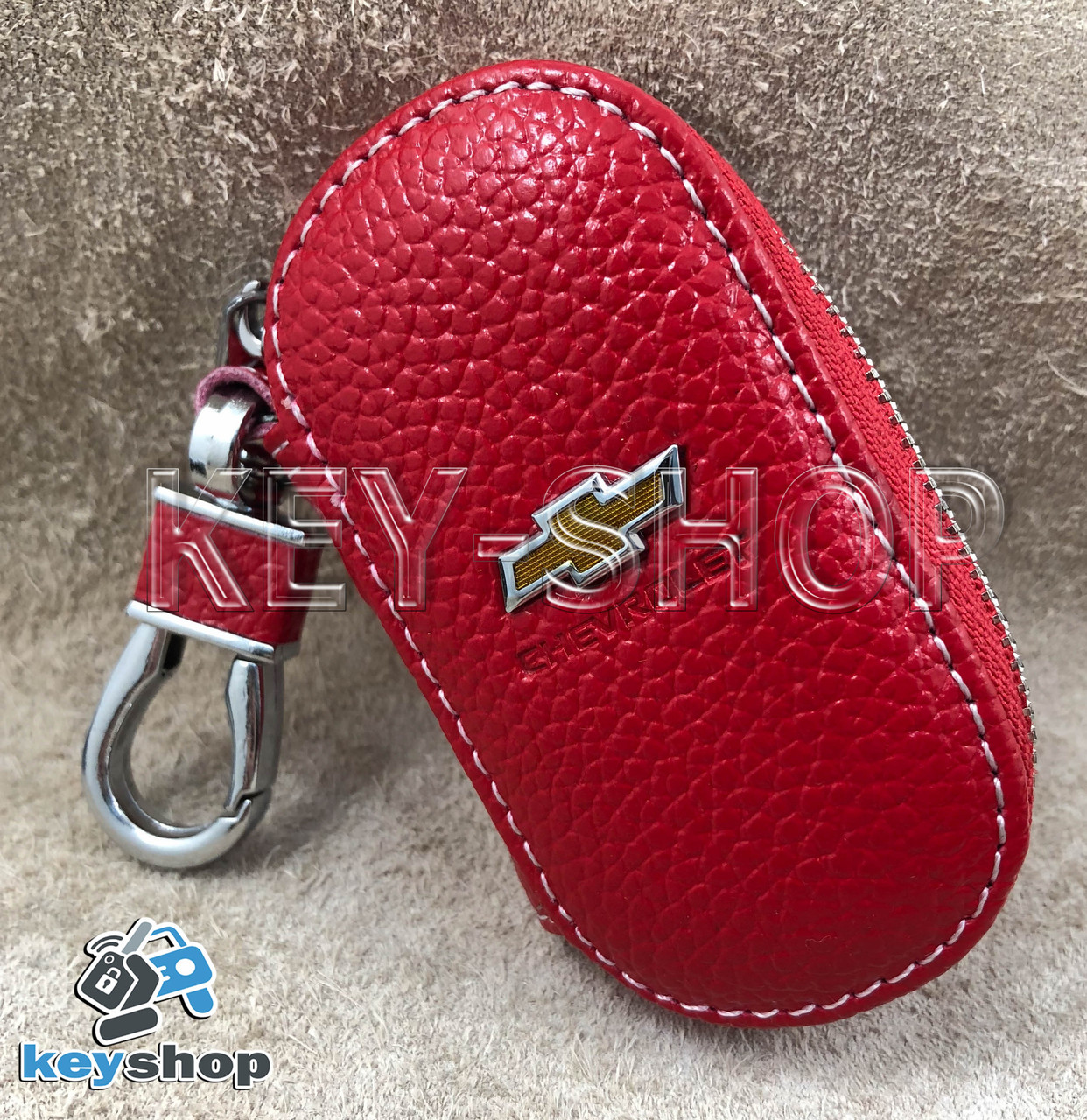 Ключниця кишенькова (шкіряна, червона, на блискавці, з карабіном, кільцем), логотип авто Chevrolet (Шевроле)