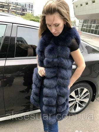 Жилетка песцева хутряна колір Синій Графіт, безрукавка з песця. Жилети песець 90 см