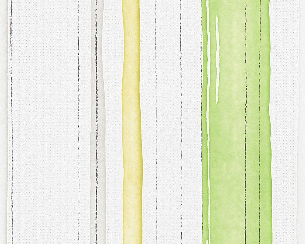 Німецькі шпалери 958261, із зеленою й жовтою смугою на білому, візерунок під акварель, які миються вінілові на флізеліні