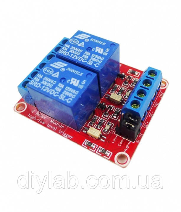 2-канальний модуль реле з опторозв'язкою 12В high/low level trigger 250VAC, 10A