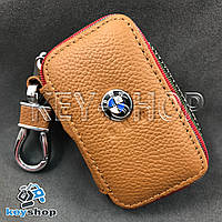 Ключница карманная (кожаная, светло - коричневая, на молнии, с карабином, с кольцом), логотип авто BMW (БМВ)
