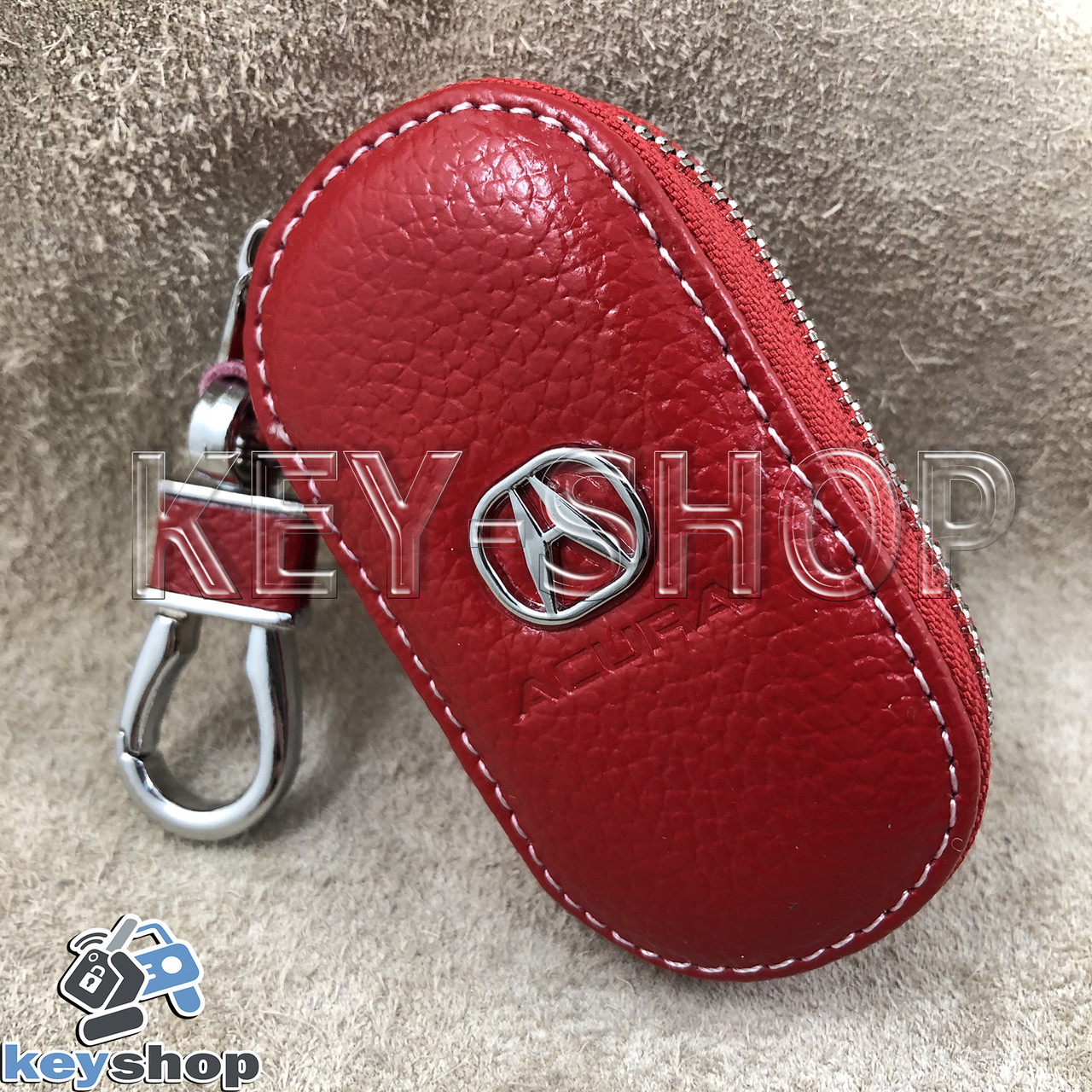 Ключниця кишенькова (шкіряна, червона, на блискавці, з карабіном, кільцем), логотип авто Acura (Акура)