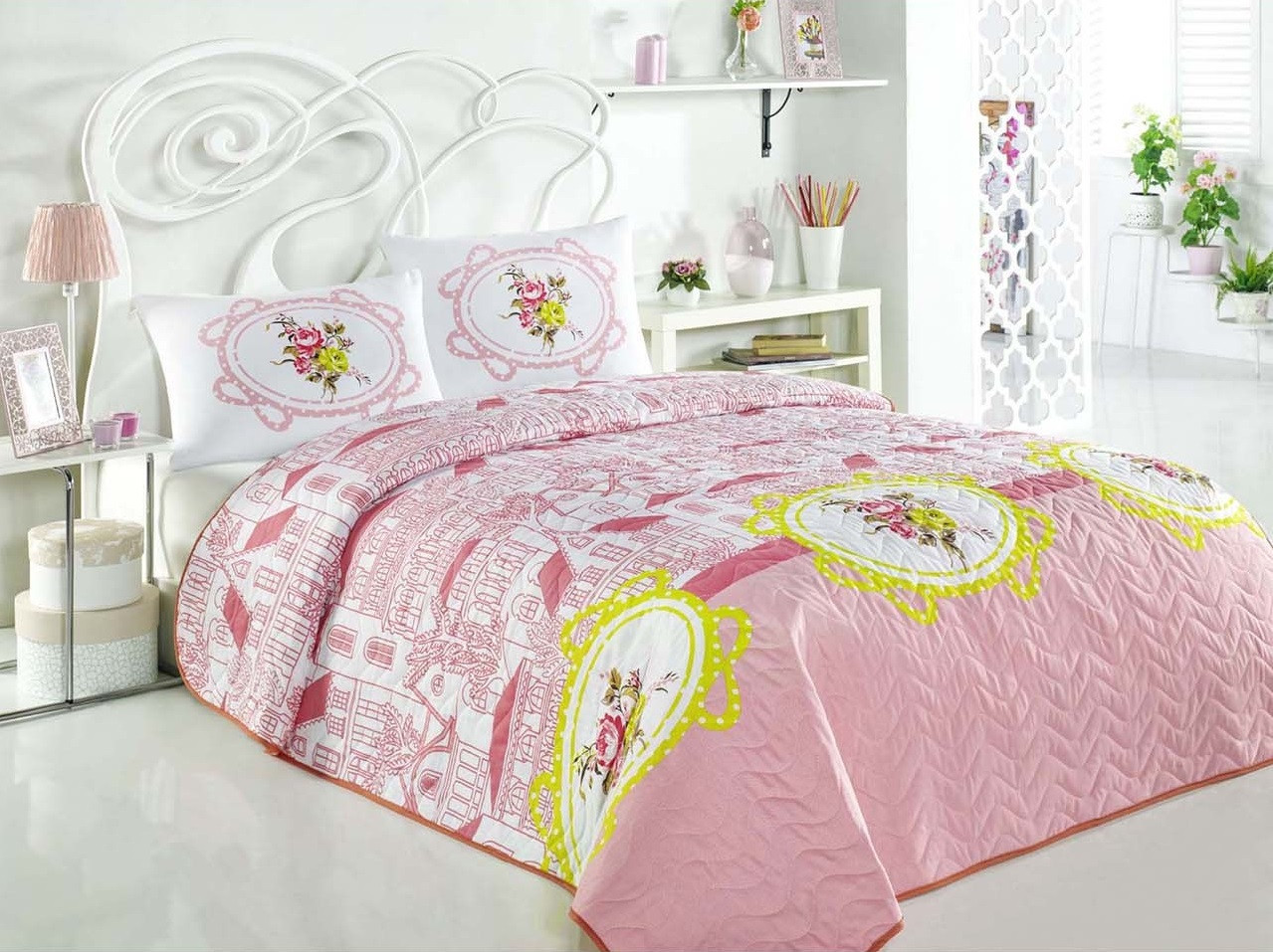 Покривало стьобане з наволочками Eponj Home - Sirin рожевий 200*220, фото 1